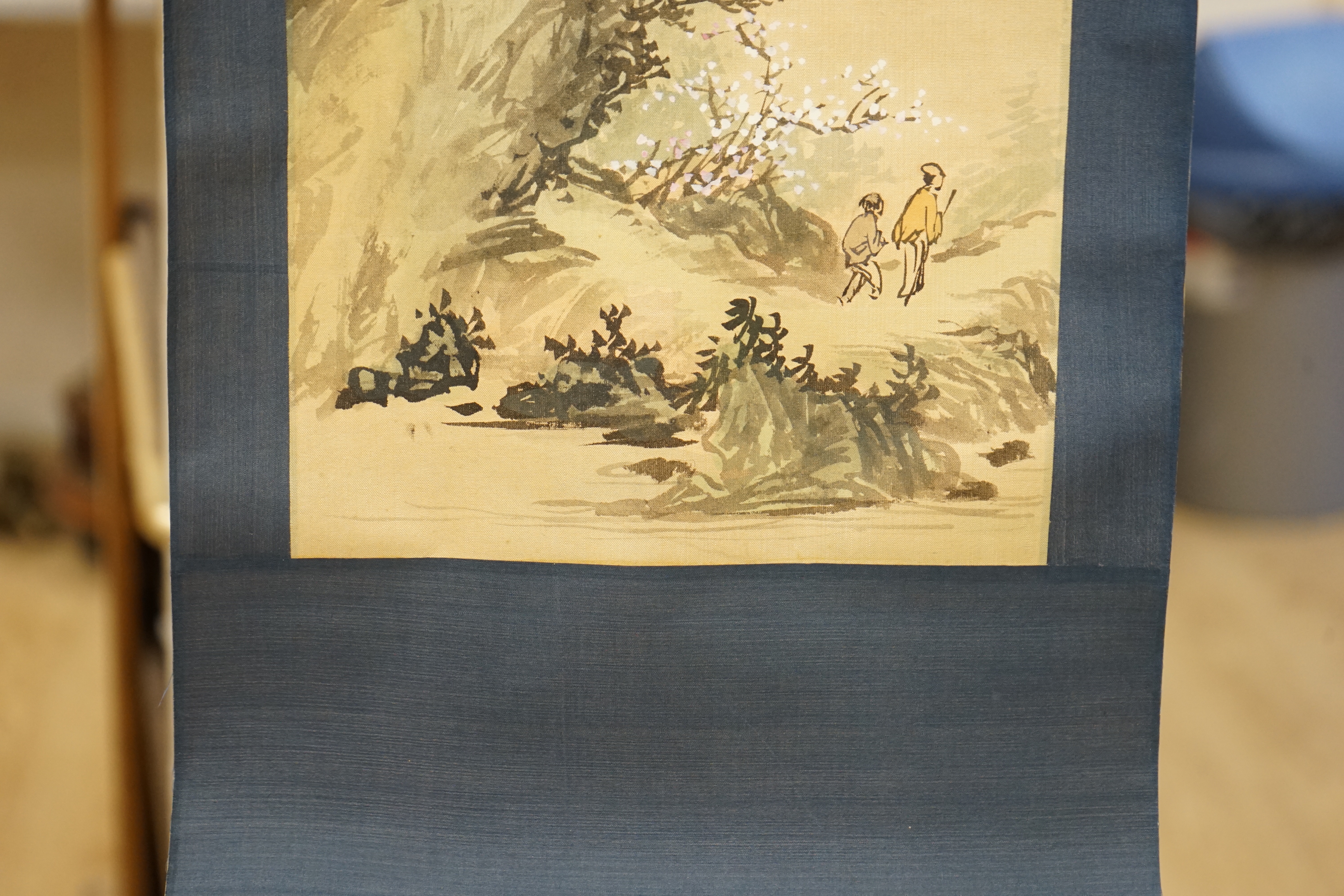 Two Chinese painted scrolls, one on silk, a female wearing a kimono and a landscape